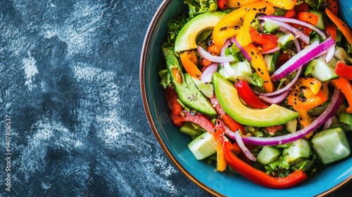 A colorful salad with avocado and onions is served in a blue bowl