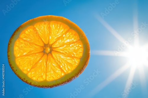 Sun Summer. Orange Halved Sun Concept in Blue Sky Background