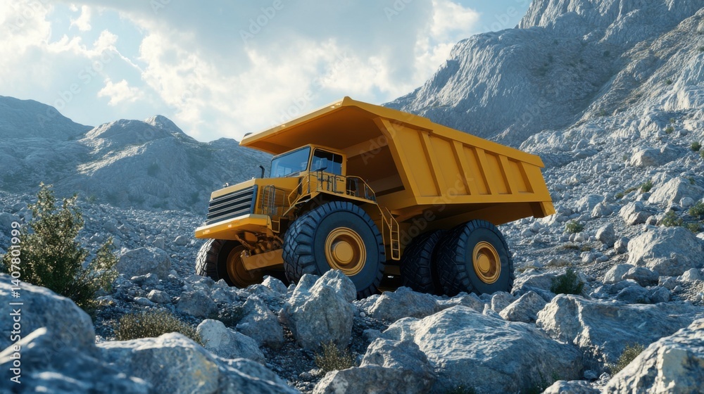 A computer generated image of a yellow dump truck on a rocky hillside A computer generated image of a yellow dump truck on a rocky hillside