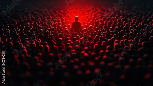a dense crowd of matte black silhouettes with a striking red figure in sharp contrast under a spotlight emphasizing the peril of insider threats in data environments,stock image