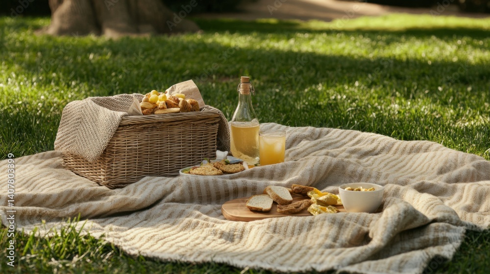 Fototapeta premium leisure, food and drinks concept - close up of snacks and picnic basket on blanket on grass at summer park