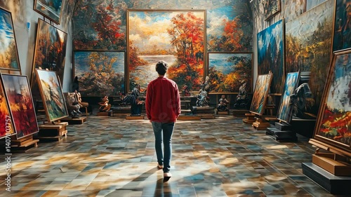 A Man Walking Through an Art Gallery Filled with Colorful Paintings