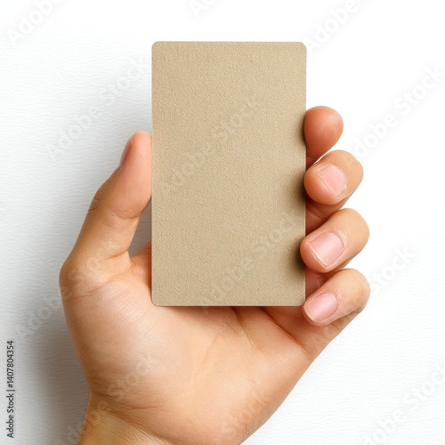 Hand holding golden card mockup isolated on white background