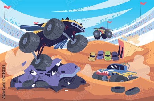Monster truck show. Monstertruck jump stadium arena, cartoon 4x4 trucks with big wheels tire crash cars jumping hot stunt, muscle motor bigfoot vehicle classy vector illustration