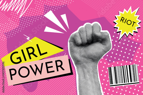 Feminism hand collage. Women riot female power vintage pop art grunge banner or magazine cover woman fist rebel protest revolution retro poster trendy style vector illustration