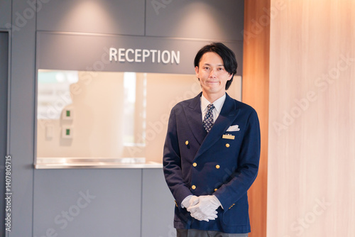 笑顔で接客をするホテルマンの男性