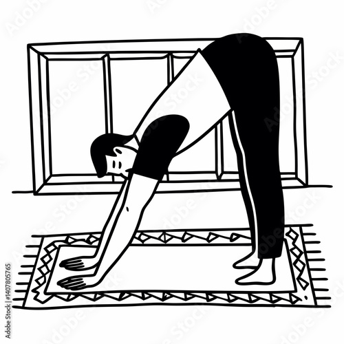 Line Art Handsome man doing hamstring stretch exercise at home