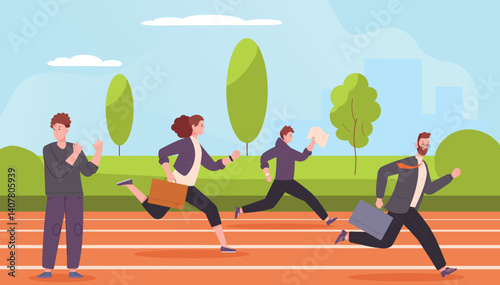 Race quitting. Giving up career race life competition, weak man refusing at beginning of path to success business work goals quit office compete psychology vector illustration
