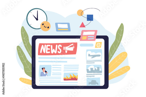 Tablet online news. Social media internet newspaper in computer tab, mobile website digital press daily news content electronic paper monitor device concept vector illustration