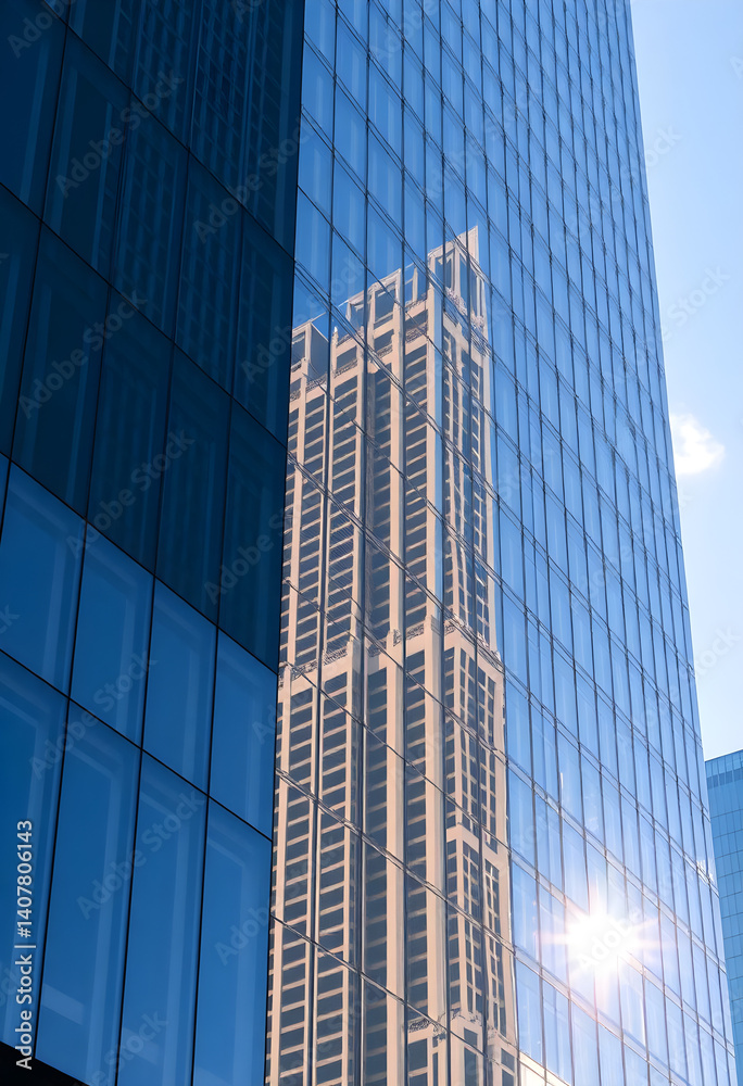 Fototapeta premium tall building is reflected in the windows of another building