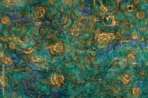 Abstract teal and gold marbled surface