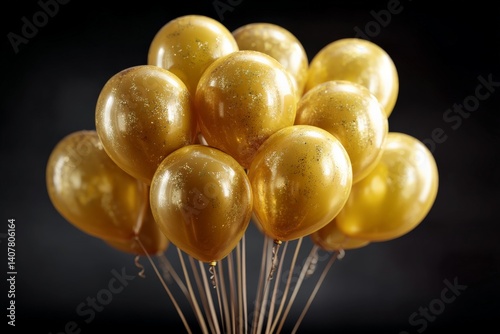Bunch of golden balloons floating against a dark background for celebration or party decoration