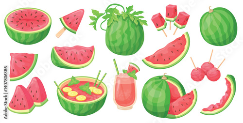 Cartoon watermelon. Water melon summer diet fruit, half watermelons quarter cut or bite slices fresh juice glass healthy food sweet red berry delicious set neat vector illustration