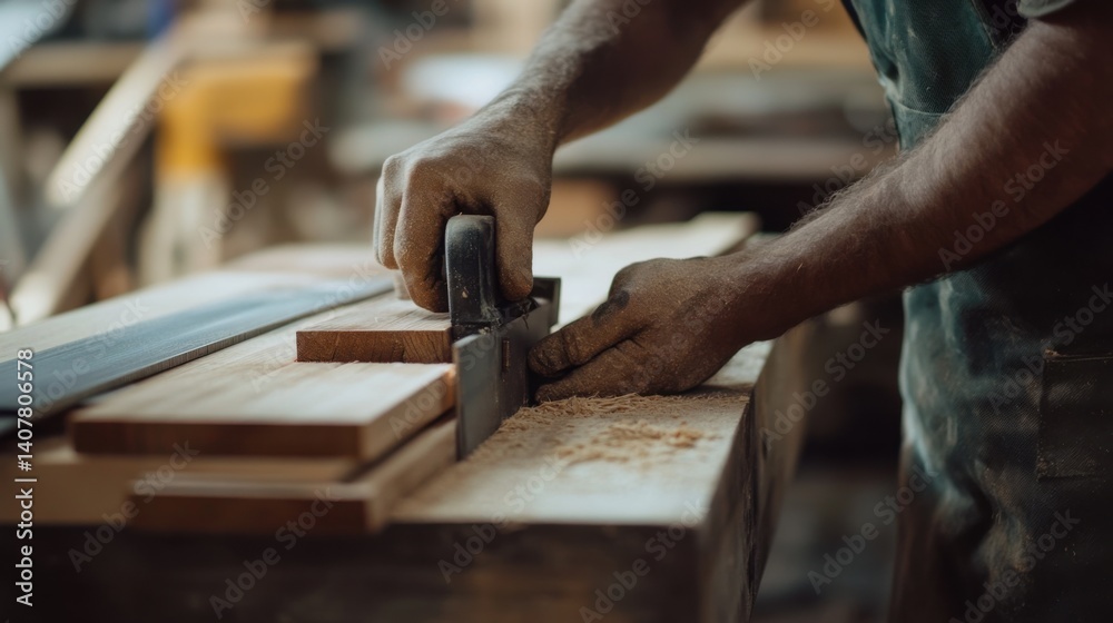 Carpenter cutting wood for a custom bookshelf. Featuring woodworking and furniture creation Carpenter cutting wood for a custom bookshelf. Featuring woodworking and furniture creation