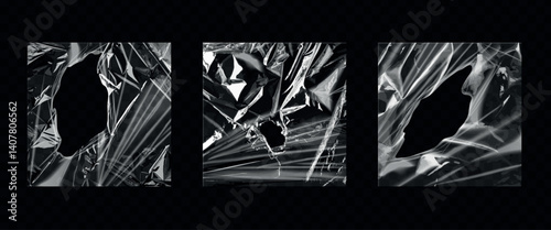 Torn film. Shrink wrinkled polyethylene packing mockup overlay effect, transparent album packaging vinyl cover warp stretch plastic texture, realistic exact vector illustration