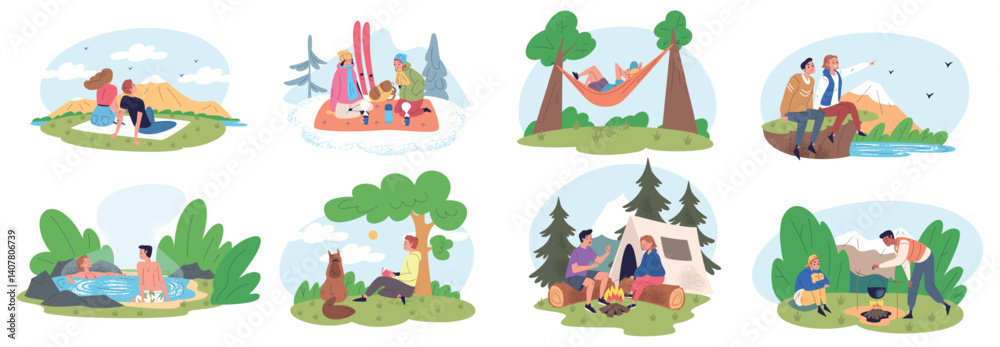 Fototapeta premium People camp resting. Family picnic on nature, couple friends adventure holidays camping summer forest mountain hiking, outdoor relaxing travel trekking classy vector illustration