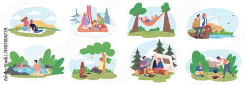 People camp resting. Family picnic on nature, couple friends adventure holidays camping summer forest mountain hiking, outdoor relaxing travel trekking classy vector illustration
