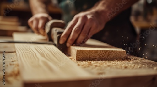 Carpenter cutting wood for a custom bookshelf. Featuring woodworking and furniture creation