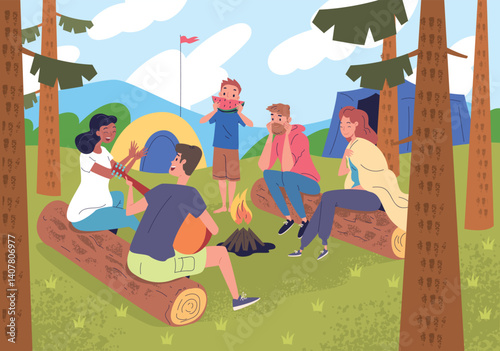 People forest camp scene. Campsite picnic, family camping or camper friends sitting around campfire in summer nature landscape tourists rest with tents, classy vector illustration