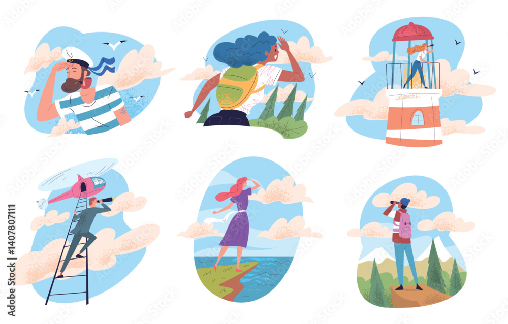 Obraz premium People look into future. Curiosity person looking horizon, man spyglass telescope explore distance goals on tomorrow leader vision perspective discovery, classy vector illustration
