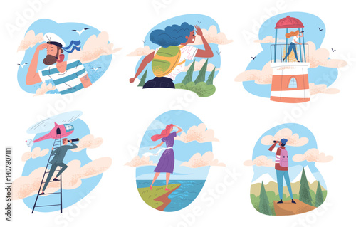 People look into future. Curiosity person looking horizon, man spyglass telescope explore distance goals on tomorrow leader vision perspective discovery, classy vector illustration