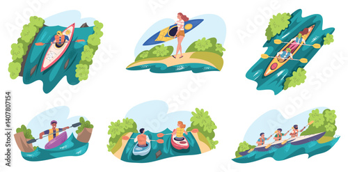 People kayaking sport. River rafting, kayakers in kayak canoe boats rowing with paddle on lake water extreme active hobby canoeing summer fun adventure, classy vector illustration