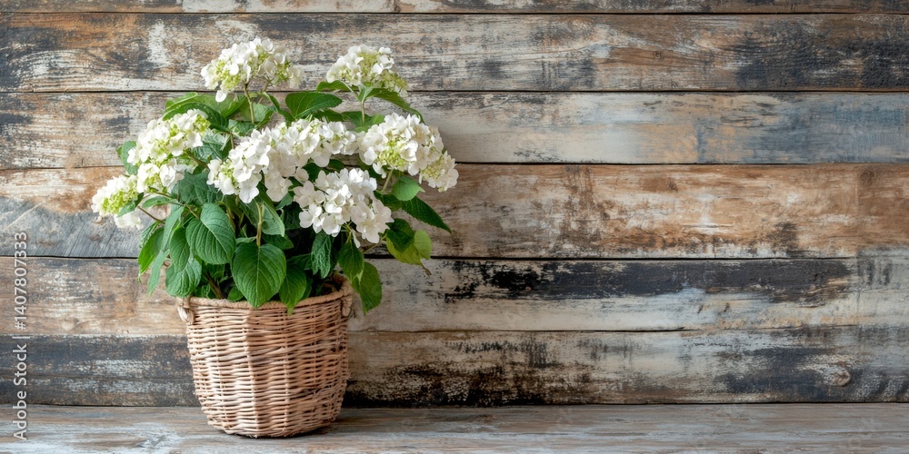 A beautiful arrangement of white flowers in a rustic basket adds charm to any space. The wooden background enhances the natural beauty. This image is perfect for home decor inspiration. AI