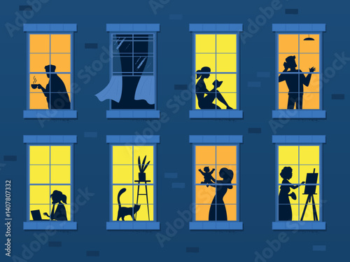 Neighbors windows silhouettes. Neighbour night silhouette in light window curtains inside building facade, people person shadow home apartment evening, classy vector illustration