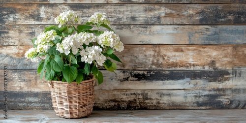 Obraz na płótnie A beautiful arrangement of white flowers in a rustic basket adds charm to any space. The wooden background enhances the natural beauty. This image is perfect for home decor inspiration. AI w salonie