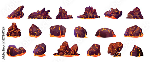 Lava stones. Volcano rock ground with burn liquid laves, game hell surface magma light effect volcanic split stones earthquake fire land crash, cartoon swanky vector illustration