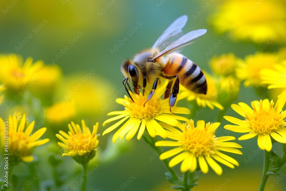 Bee collecting nectar from wildflower macro shot Bee collecting nectar from wildflower macro shot