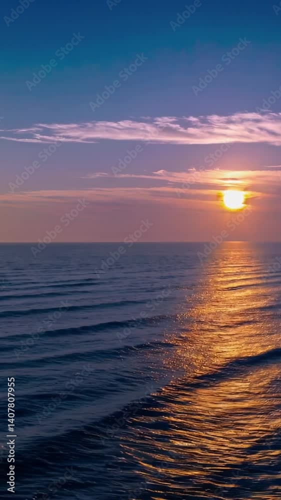 Golden hour sunlight reflects on the surface of a calm ocean, creating a mesmerizing spectacle of light and color as gentle waves roll beneath the colorful sky