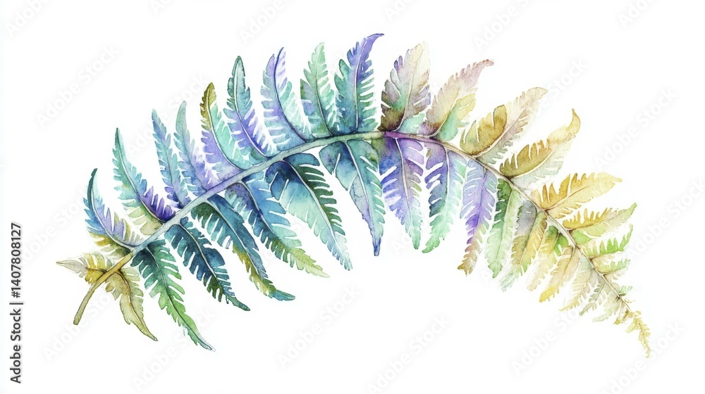Naklejka premium Watercolor Fern Frond Green Blue Purple Yellow Botanical Painting