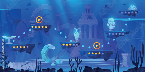 Atlantis game level. Underwater lost civilization video gaming map gui score interface, sunken ancient city ruins undersea adventure cartoon background, swanky vector illustration