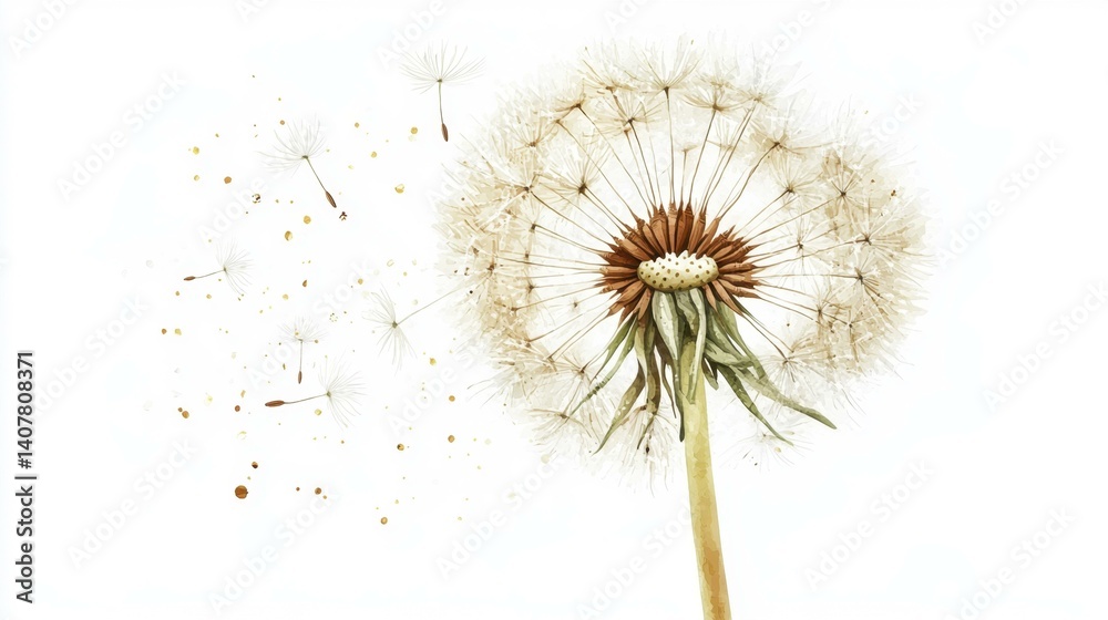 Fototapeta premium Fragile dandelion seedhead with airborne seeds blowing in gentle breeze on white backdrop