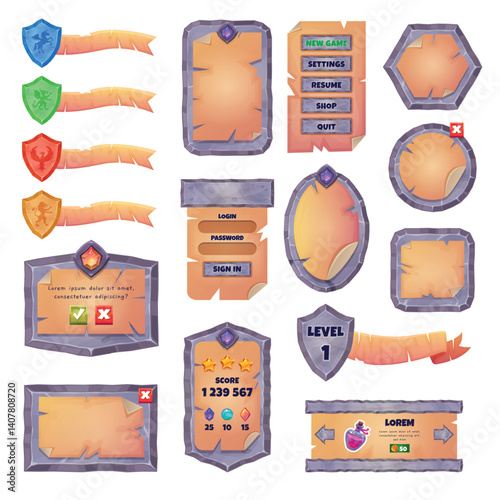 Parchment ui. Fantasy rpg game cards with stone old paper ribbons menu buttons elements, parchment frame banner medieval gaming sign interface, cartoon swanky vector illustration