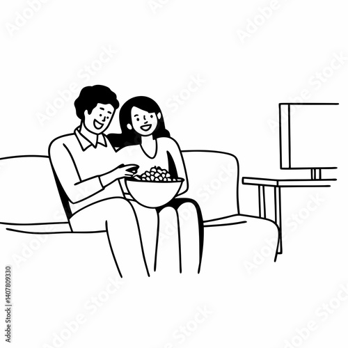 Line Art Happy middle aged couple, wife and husband watching tv and eating popcorn