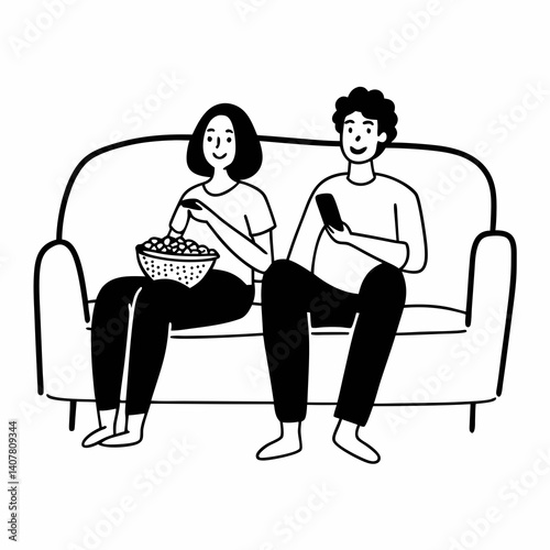 Line Art Happy middle aged couple, wife and husband watching tv and eating popcorn