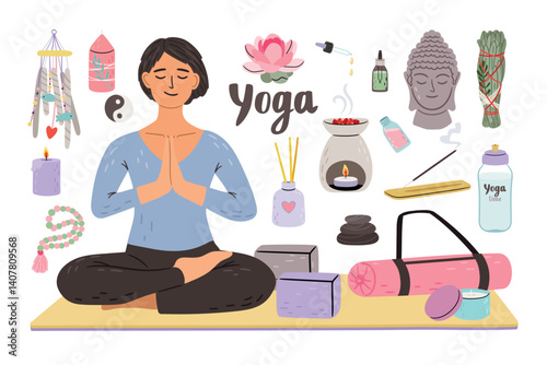 Collection of yoga elements. Relaxed woman in meditation. Set of mat, candle, incense sticks, oils. Concept vector illustration of healthy lifestyle. International Yoga Day. Girl in lotus pose