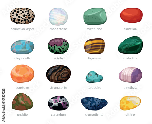 Colorful mineral stones collection, isolated semi precious gemstones set, vector illustration