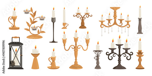 Different shapes candlesticks set, vintage candle holders and candelabrum collection, vector Illustration on white background