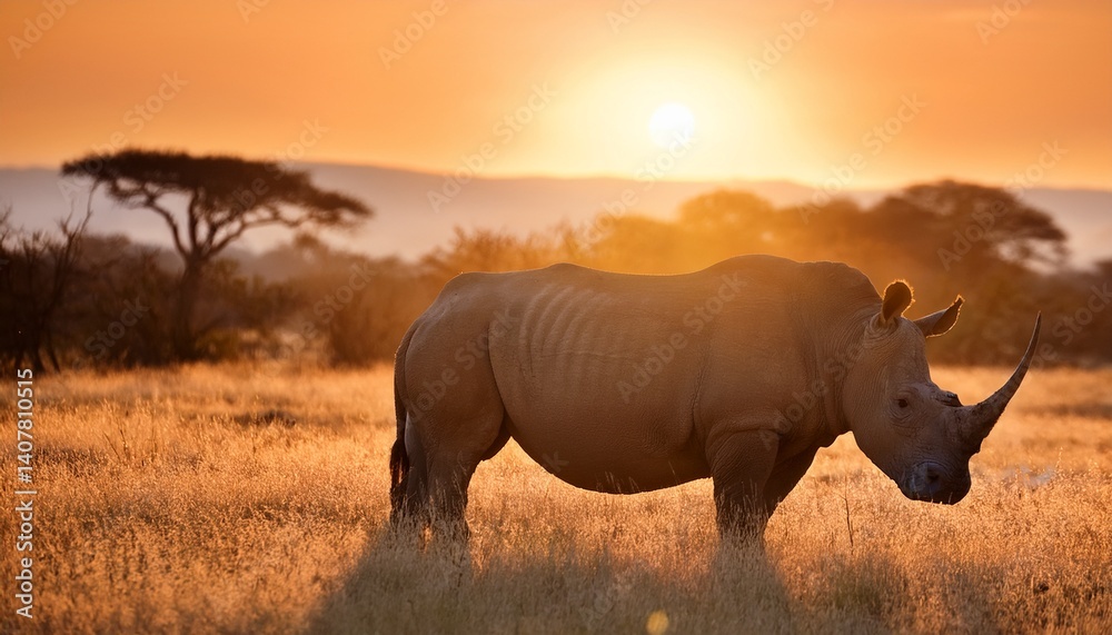 Obraz premium a large african rhinoceros rhinoceros africanus stands majestically in the savanna during sunrise the image is rendered with photo realistic artistry