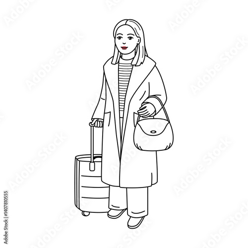 Girl in coat with bag and suitcase is waiting for her plane or train. Coloring page of woman with luggage. Black and white image of traveler with baggage.