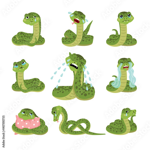 Set of cartoon upset crying snakes with tears in eyes