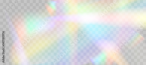 Blurred rainbow refraction overlay effect. Light lens prism effect on transparent background. Holographic reflection, crystal flare leak shadow overlay. Vector abstract illustration.  