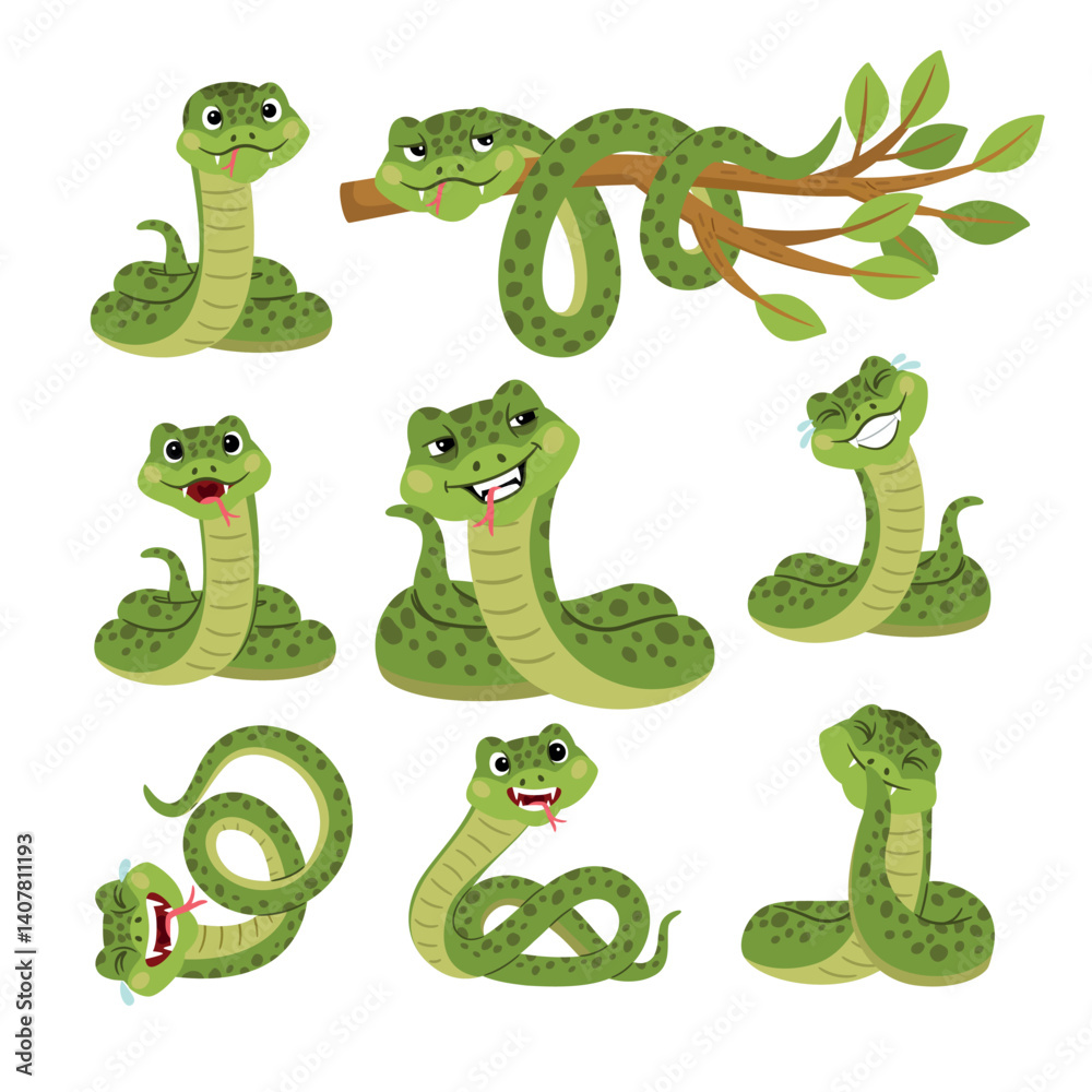 Obraz premium Set of funny cartoon happy smiling snakes characters, isolated vector illustration