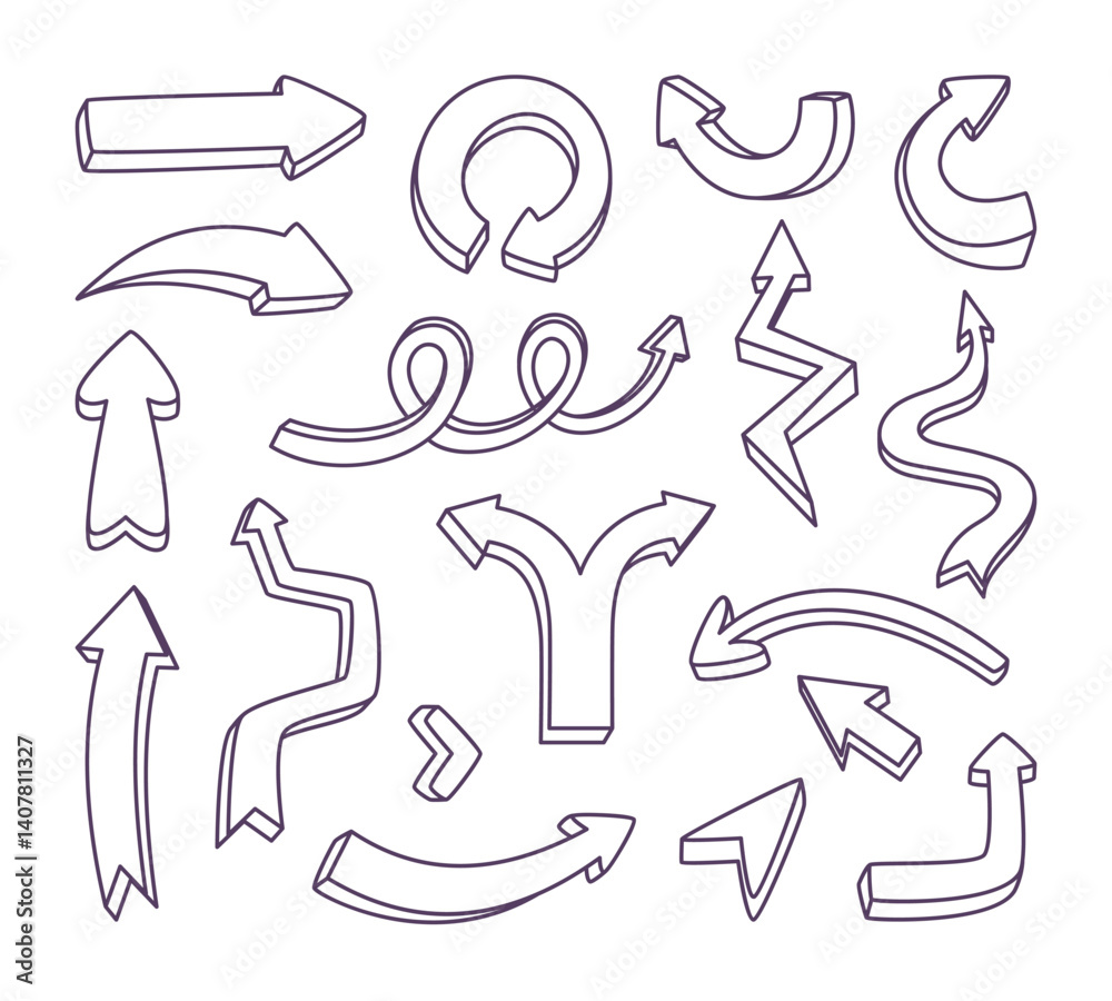 Set of hand drawn arrows. Sketch arrow design in doodle style for education and business plan Set of hand drawn arrows. Sketch arrow design in doodle style for education and business plan