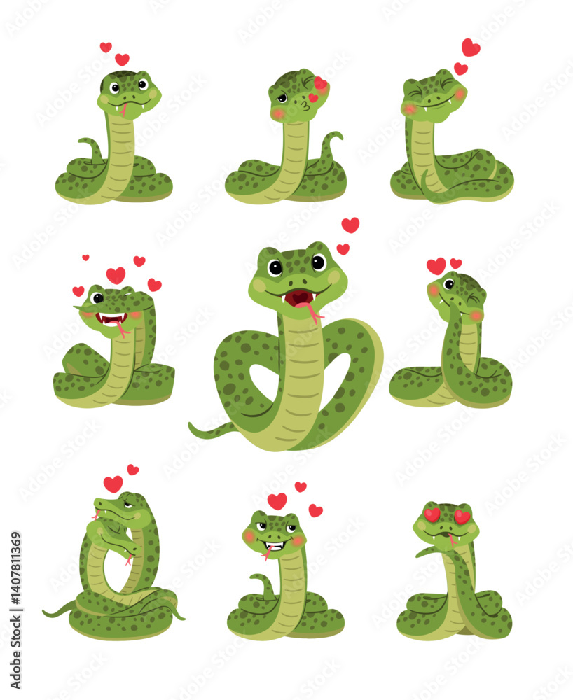 Obraz premium Set of happy funny in love snakes characters with hearts, isolated vector illustration