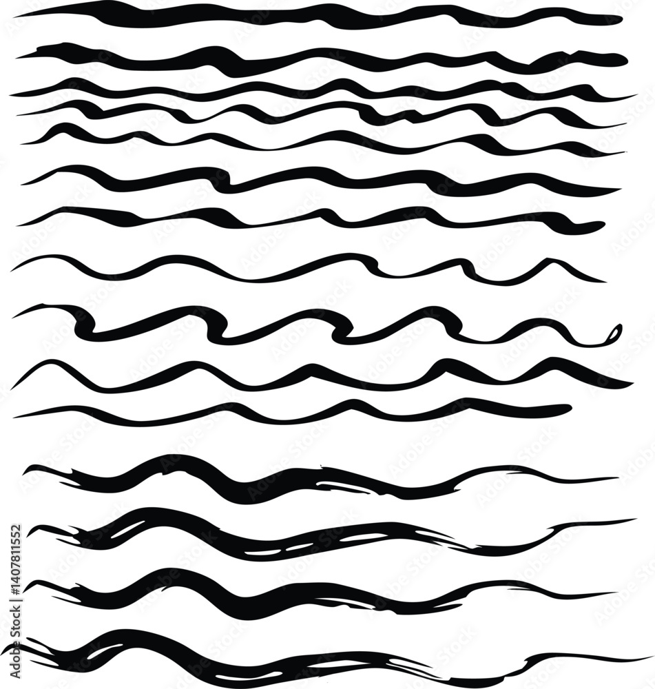 Black Wave Vector Set of 14 Hand-Drawn Silhouettes in Unique Styles for Art and Decorative Projects Black Wave Vector Set of 14 Hand-Drawn Silhouettes in Unique Styles for Art and Decorative Projects