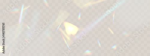 Rainbow blurred refraction overlay effect. Colorful light lens prism on transparent background. Holographic reflection, iridescent crystal flare leak shadow overlay. Vector abstract illustration.